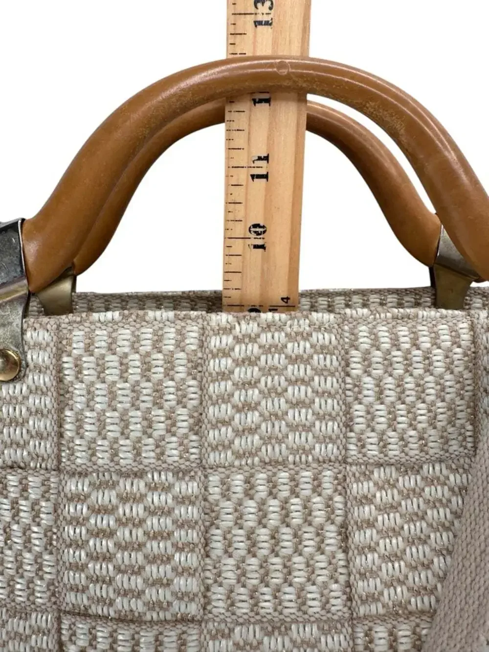 Alma Tunutti Woven Satchel Beige Top Handle Crossbody Wooden Handle Bag